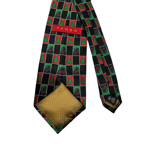 Tango Christmas Novelty Tie Black Green Red Labrador & Tree Print Silk - Picture 4 of 6